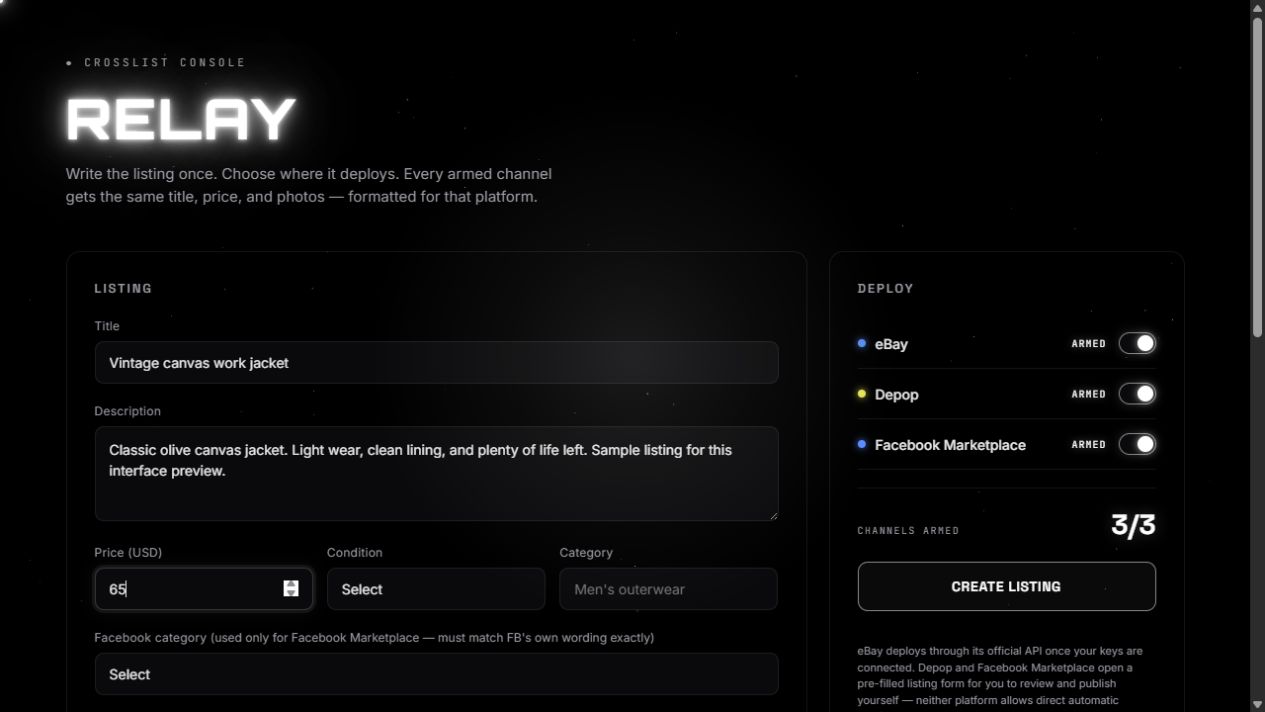 Relay cross-listing extension prototype with a listing editor and marketplace channel controls